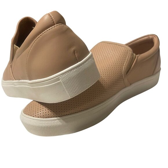 Women’s Perforated Faux Leather Sneakers Beige Upper White Sole Casual Comfort - Picture 3 of 7